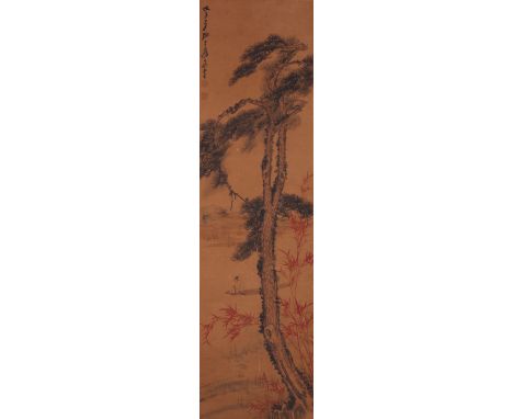 AFTER ZHANG DA QIAN SCHOLAR UNDER A PINE TREE A Chinese scroll painting, ink and colour on paper, inscribed, dated wu zi and 