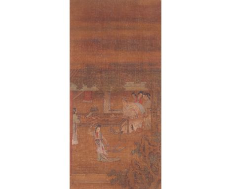 AFTER LENG MEI (19TH CENTURY) LADY GONG SUN'S SWORD DANCE A Chinese scroll painting, ink and colour on silk, signed Dong Ming