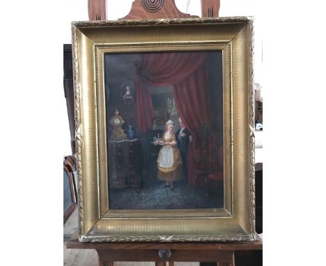 An oil on canvas, interior scene with a maid carrying a tray of glasses and a decanter, beside a whatnot, a chest of drawers 
