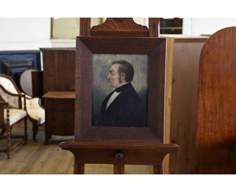 A 19th century oil on board profile portrait of a gentleman.  10¼ by 13¼ins.  In an oak frame.  Est £50-70