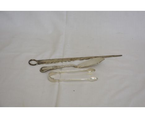 A Victorian silver butter knife with shell and scroll cast handle.  London 1868.  Maker GA, a pair of George III silver sugar