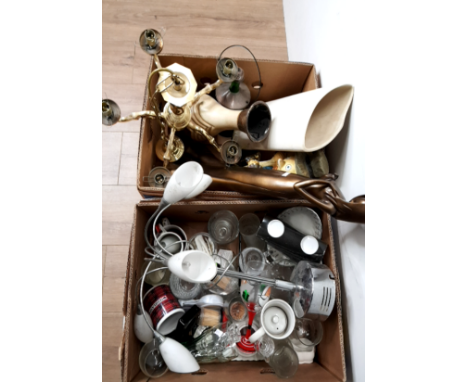 TWO BOXES OF MISCELLANEOUS INC LEONARDO FIGURE LAMPS LIGHT FITTINGS ETC
