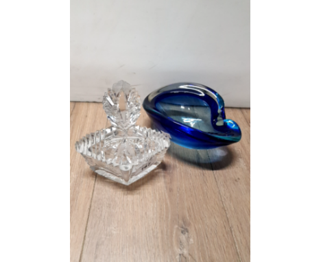 A VINTAGE GLASS PERFUME BOTTLE AND BLUE GLASS BOWL