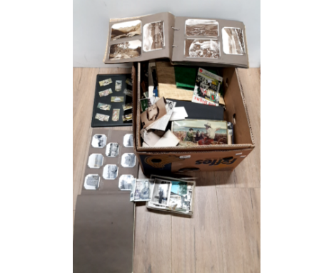 A BOX CONTAINING SCRAP BOOKS AND MAGAZINE CUT OUTS TOGETHER WITH VINTAGE PHOTO ALBUMS ETC