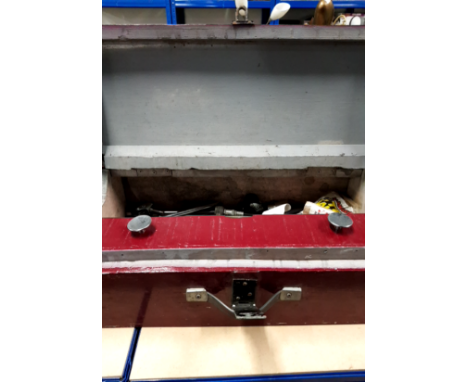A HANDMADE WOODEN TOOLBOX WITH CONTENTS INC WRENCHES ETC