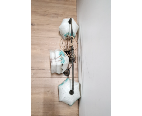 ART NOUVEAU RISE AND FALL DOUBLE BRASS CEILING LIGHT WITH A MATCHING SINGLE LIGHT ALL DESERT THEME SHADES