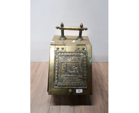 VINTAGE BRASS COAL SCUTTLE CONTAINING COAL