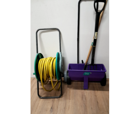 HAUSE PIPE ON REEL SEEDED AND GARDEN FORK ETC