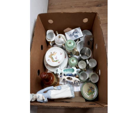 A BOX OF MISCELLANEOUS INC BELLS OLD SCOTCH WHISKY BOTTLE AND JAPANESE TEA WARE ETC