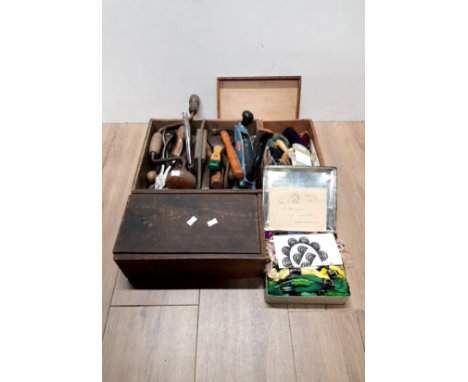 A QUANTITY OF VINTAGE TOOLS TOGETHER WITH A SMALL QUANTITY OF SEWING MATERIALS
