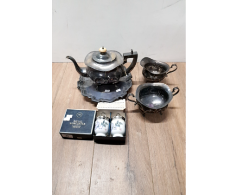 A FOUR PIECE SILVER PLATED TEA SERVICE TOGETHER WITH BOXED ROYAL WORCESTER EGG CODDLERS