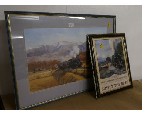 Print of a steam train by Eric Bottomley and a North Yorkshire Moors Railway poster 