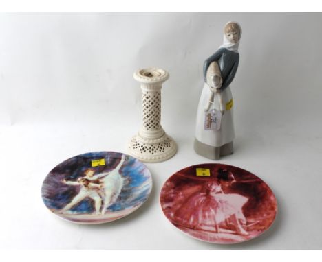 Lladro girl and sheep, two Wedgwood decorative plates and Cream Ware candlestick holder (AF)