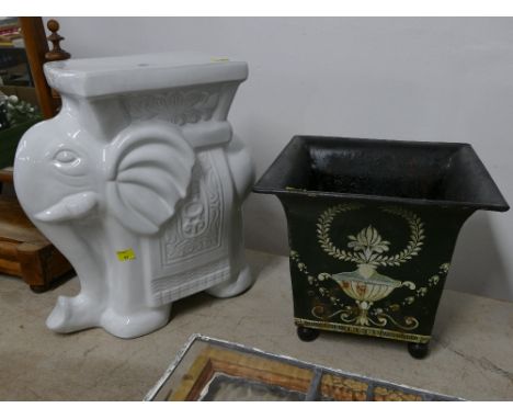 Ceramic elephant grotto stool, 42 cm high, and square painted metal planter 