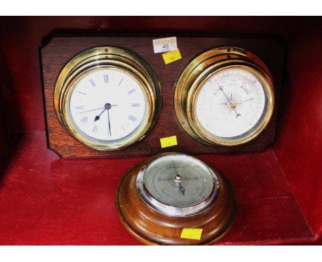 Wooden mounted clock and barometer and Smith's barometer 