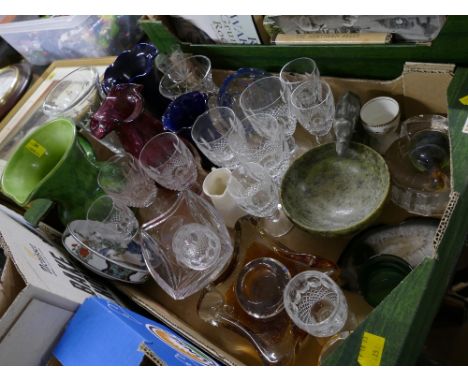 Box of glassware, glass vases, ceramic jug, minerals, ashtray etc