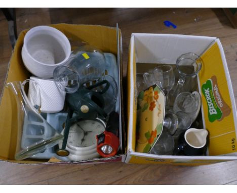 Two boxes of glassware, ceramic vases, clock, cake stand etc