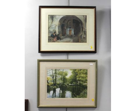 Watercolour by Terry Bailey "July Morning on The Fowey" and a William Russell Flint print 