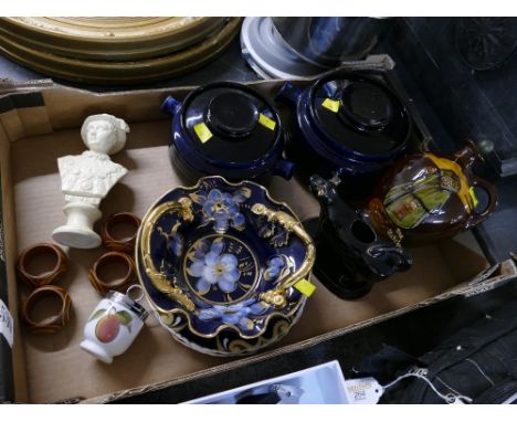 Two blue ceramic soup dishes, china ornaments, Dewars whisky flagon etc