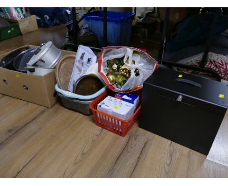 Cookware, washing tubs, trays, glass cheese board. Xmas decorations, light bulbs and metal document file