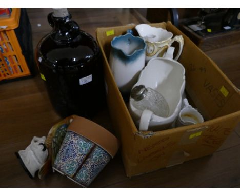 Glass brewery bottle and box of ceramic jugs, planters, ornaments etc