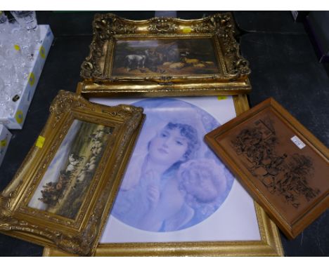 Four pictures and prints, horse and carriage scenes, farmyard scenes and portrait of lady etc