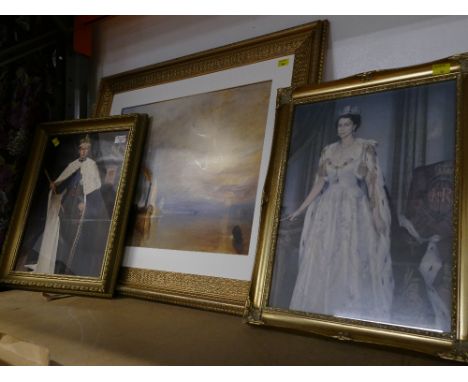 Framed print 'The Fighting Temeraire' by Turner, and pair of Coronation pictures, Queen Elizabeth and Prince Charles 