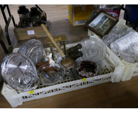 Two trays of glassware, pictures, vases, clock, ornaments etc