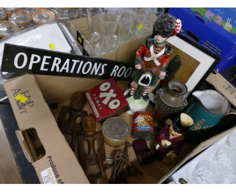 Ceramic Black Watch decanter, Toby jug, Oxo Cubex tin, ethnic wooden figures, Yorkshire Penny Bank, Operations Room sign etc