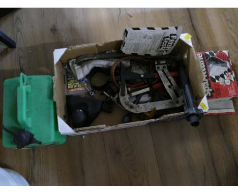 Box of car mechanics tools, petrol canister, spark tune multi meter etc