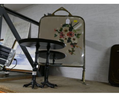 Raised metal tray on bird claw feet and handpainted mirrored firescreen 