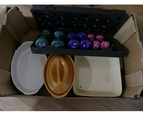 Boxed set of barbell weights and ceramic cookware