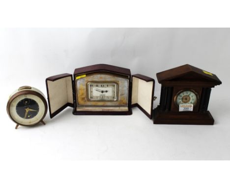 French silver plated mantel clock in original box, small mantel clock and Ingersoll vintage alarm clock 