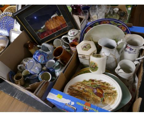 Two boxes of ceramic decorative plates, jugs, storage jars, handpainted pottery and picture