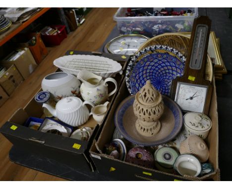 Two boxes of decorative plates, barometer, trinket pots, planters etc