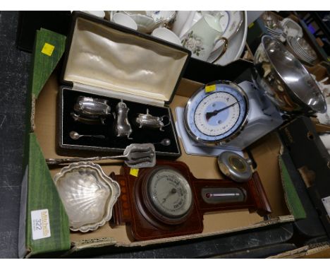 Blue kitchen scales, barometer, plated condiment set, hip flask etc