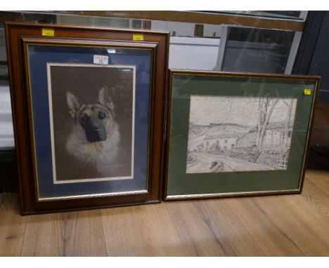 Alsatian print by Peter A Skillen, limited edition 1/260, and print of Low Bridge End, St Johns's in The Vale by Bill Lawrenc
