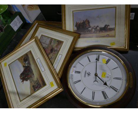 Large Citizen Karakuri wall clock and five pictures and prints, stagecoaches etc