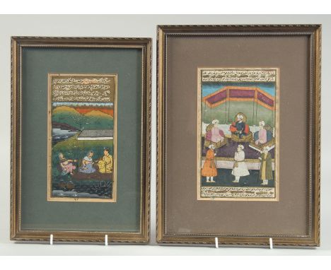 TWO ISLAMIC ILLUMINATED MANUSCRIPT PAGES, each finely painted with scenes of figures and panels of calligraphy, framed and gl