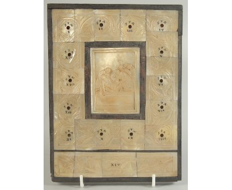 A FINELY CARVED 18TH CENTURY HOLY LAND BETHLEHEM MOTHER OF PEARL AND OLIVE WOOD ICON, 20.5cm x 15.5cm.