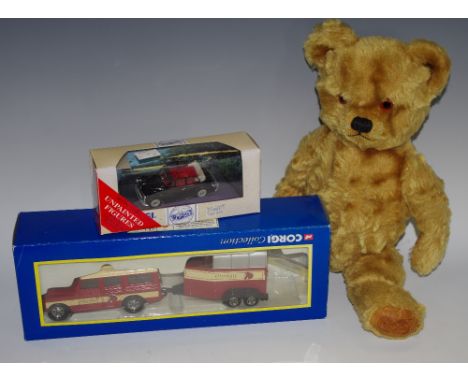 Toys - a mohair jointed teddy bear; a Corgi Collection Ellerdale Landrover &amp; Horse Box, boxed; a Mattel Morris Tourer, wi