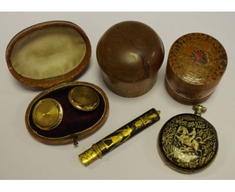 A Paris Exhibition 1889 Swiss enamel pocket watch case, depicting huntsman; a gold coloured metal Egyptian needle case, hiero