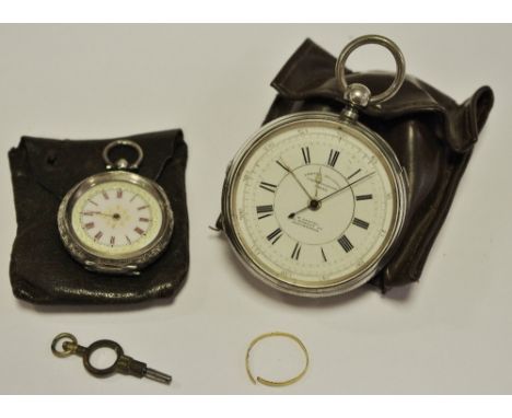 A silver H. Samuel, Manchester centre seconds Chronograph pocket watch; a continental silver lady's pocket watch, enamel dial