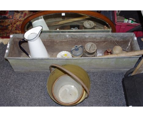 Salvage - a substantial galvanized feed trough; brass jam pan; enamel water jug; etc qty 