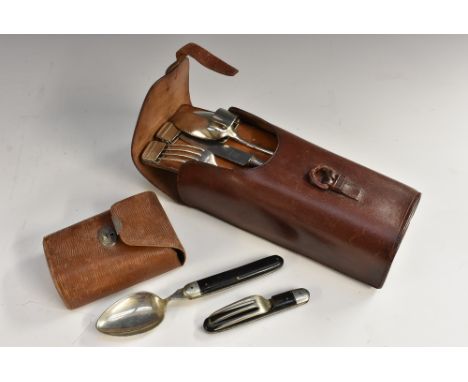 An early 20th century 'Campaign' EPNS travelling five-part canteen, comprising a pair of fluted glass flasks and cup covers, 