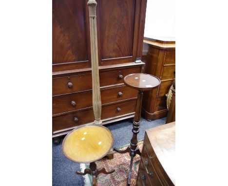 A  mahogany wine table; a mahogany torchere; an oak standard lamp. (3)