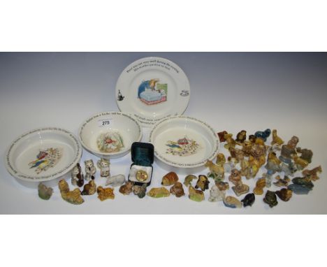 Wade Whimsies, various; three Beswick novelty cars; a sweetheart brooch Lincolnshire Regiment; Wedgwood Peter Rabbit and nurs