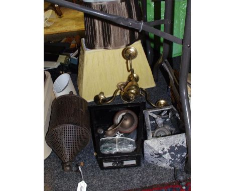 Lighting -outside wall lights; gilt brass chandelier; lamp shades; door knocker; servant call; etc