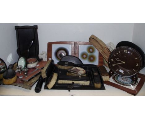 Boxes &amp; Objects - enamel inset dressing table set; white coloured metal mounted ebony vanity sets; Art Deco mantel clock;