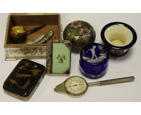 A 19th century Mary Gregory blue glass patch box and cover; a 19th century tiger eye parasol handle; a cloisonne box and cove